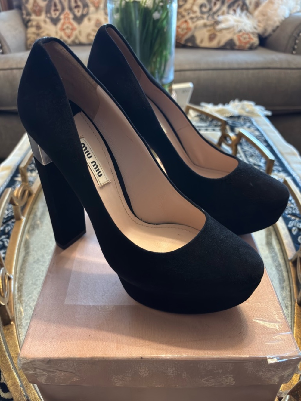 Miu Miu Black Suede Platform Pumps with Block Heel Size 38.5